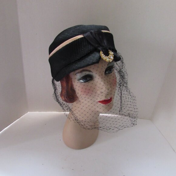 Vintage 1960 Era Black Hat with Rhinestone Decoration main image 6